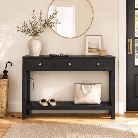 Aiho Console Table with 3 Drawers, Wood Entryway Table with Outlets & USB Ports, Sofa Tables Narrow Long for Living Room, Entryway, Hallway, Foyer - Black