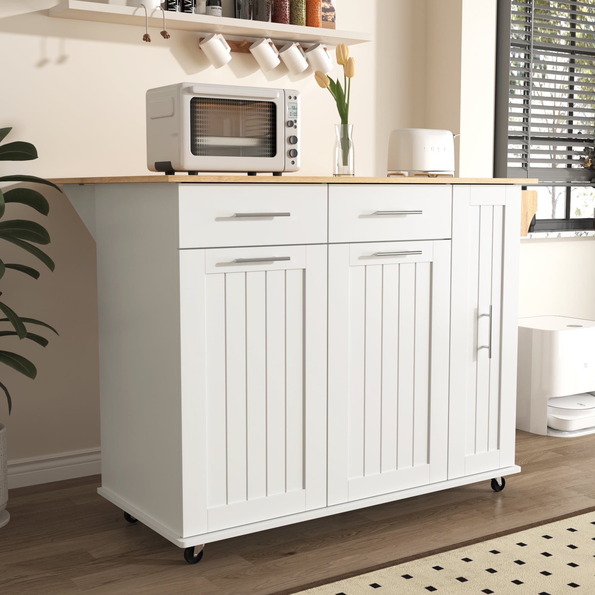 DEALTOPS 46" Kitchen Island with Drop Leaf, Kitchen Storage Cart with 3 Tier Pull Out Cabinet Organizer, Internal Storage Rack, Rolling Kitchen Cart on Wheels with Towel Rack for Kitchen-White