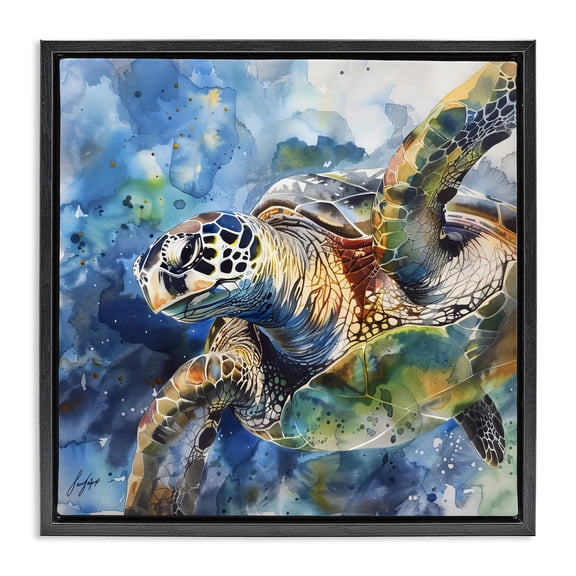 Stupell Industries Coastal Watercolor Splatter Sea Turtle Black Floating Frame Canvas Art, 18 x 18, by Creative Studio