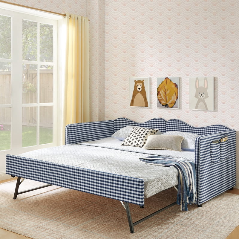 Twin to King Size Daybed with Trundle, Gingham Upholstered Day Bed Frame with Side Storage Pocket and Wave Backrest, Sofa Bed Frame for Bedroom, No Box Spring Needed
