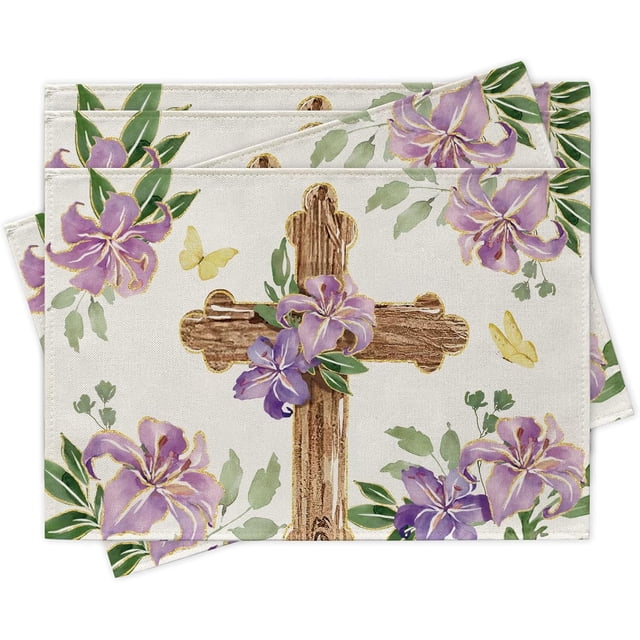 Christian Easter Cross Placemats Set of 4, Religious Purple Lily Flower Floral Dining Place Mats Table Decor, Spring Butterfly Home Kitchen Decoration 12 x 18 Inch