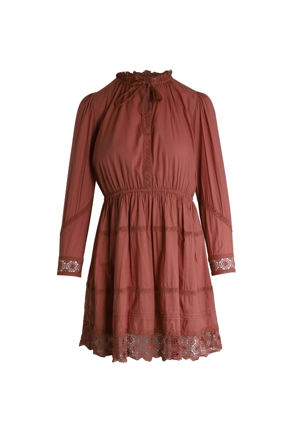 Pre-Owned Ulla Johnson Tie-Neck Crochet-Trimmed Mini Dress in Rust Cotton