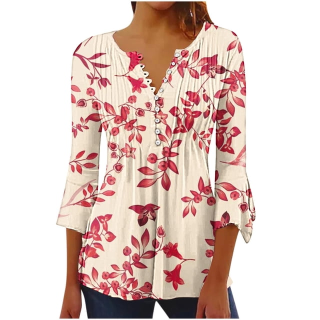 Pompotops Tunique Décontractée à Manches 3/4 Imprimée Florale Col en V pour Femmes Chemises Basiques d'Été Blouse Plissée Liquidation