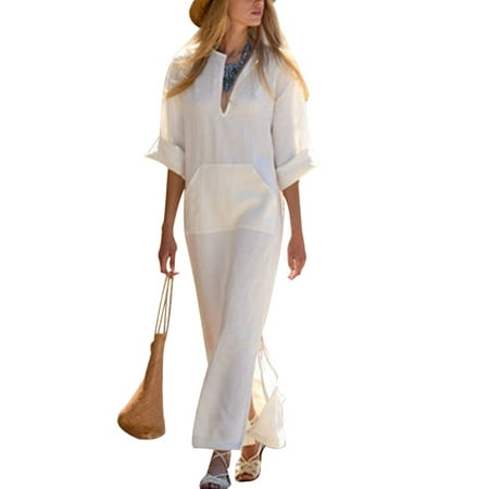 - Womens Loose Split Hem V Neck Long Sleeve Cotton Linen Long Maxi Dress
