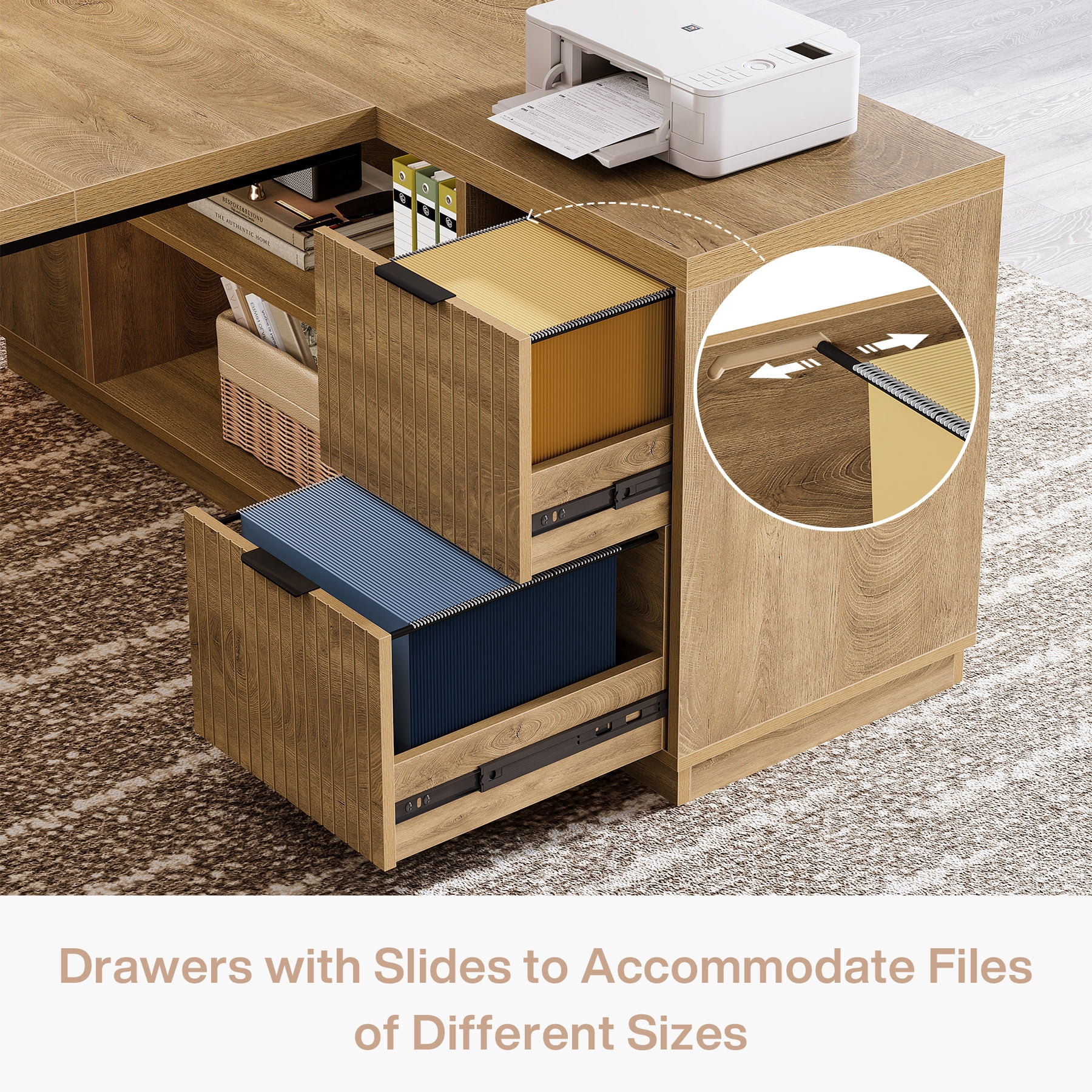 Fnova 77" Large L-Shaped Executive Office Desk with File Drawers and Storage Shelves, Modern Computer Desk Writing Desk for Home Office