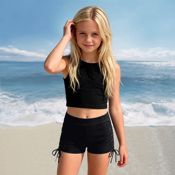 CCRFTGI Girls Swim Shorts Summer Beach Quick Dry Elastic Waist Swim Trunks Drawstring Swimwear Bathing Suit Bottoms for Kids Black 5-6 Years