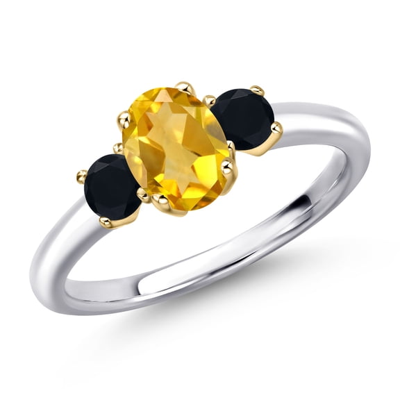 Gem Stone King 10K Two Tone Gold Yellow Citrine and Black Onyx Engagement Ring for Women | 1.01 Cttw | Oval 7X5MM | Gemstone November Birthstone | Size 5
