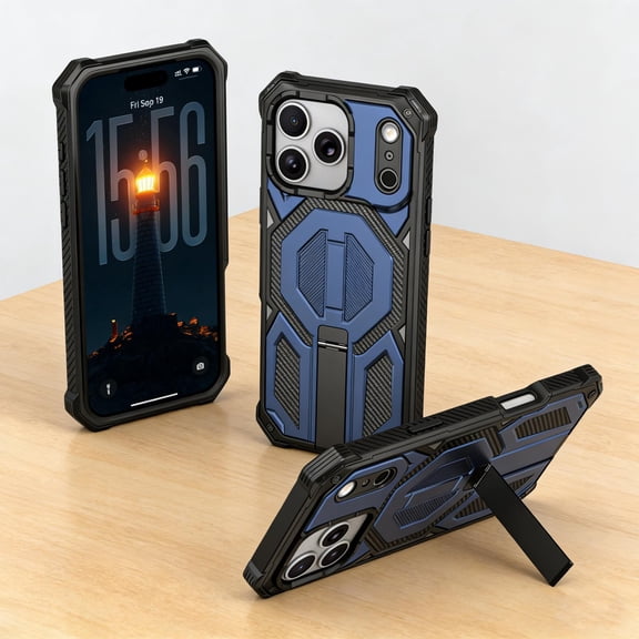 for iPhone 15 Pro Max Case with Kickstand, Magnetic Car Mount Support, Triple-Layers Rugged Drop Protection Case, Heavy Duty Shockproof Phone Cover with Hidden Bracket for iPhone 15 Pro Max, Blue