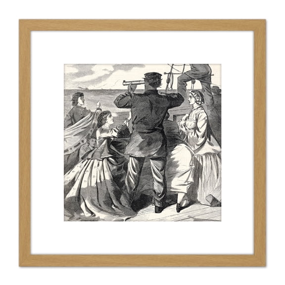 Homer Approach British Pirate Ship Alabama Drawing 8X8 Inch Square Wooden Framed Wall Art Print Picture with Mount