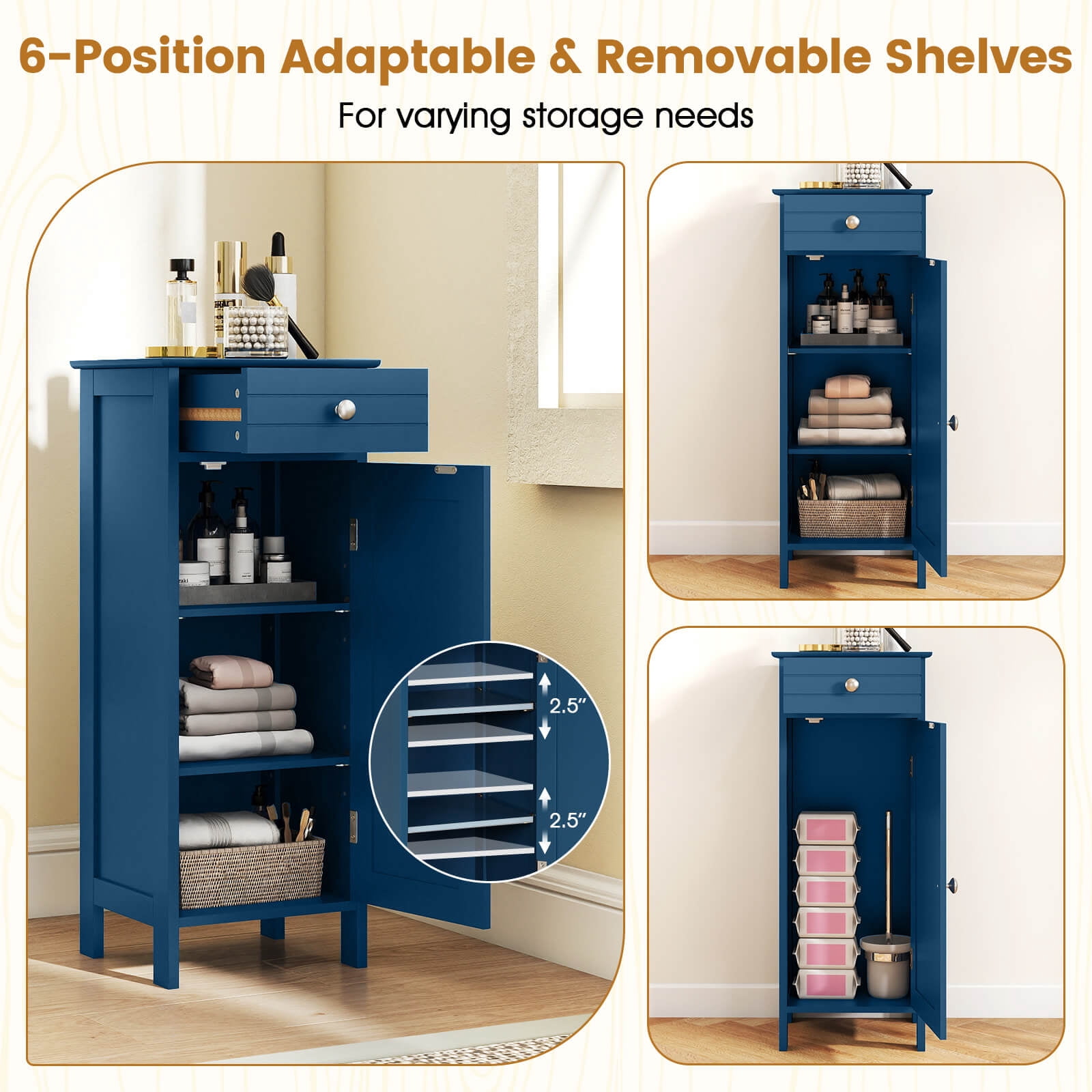Costway Bathroom Floor Cabinet Storage Organizer Free-Standing with Drawer Gray Blue