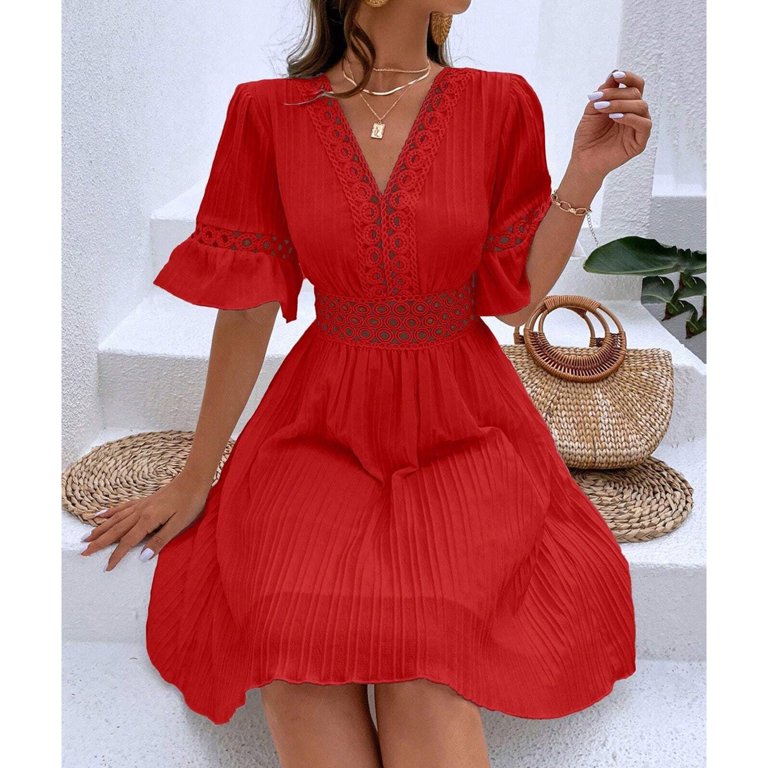 Arnsht V-Neck Lace Insert Flounce Sleeve Midi Dress for Women Lightweight,Casual Summer Dresses for Women Trendy Red L - Walmart.com Arnsht V-Neck Lace Insert Flounce Sleeve Midi Dress for Women Lightweight,Casual Summer Dresses for Women Trendy Red L - Walmart.com