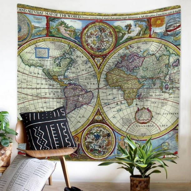 51×59 inches Watercolor World Map Tapestry Wall Hanging, Colorful Map