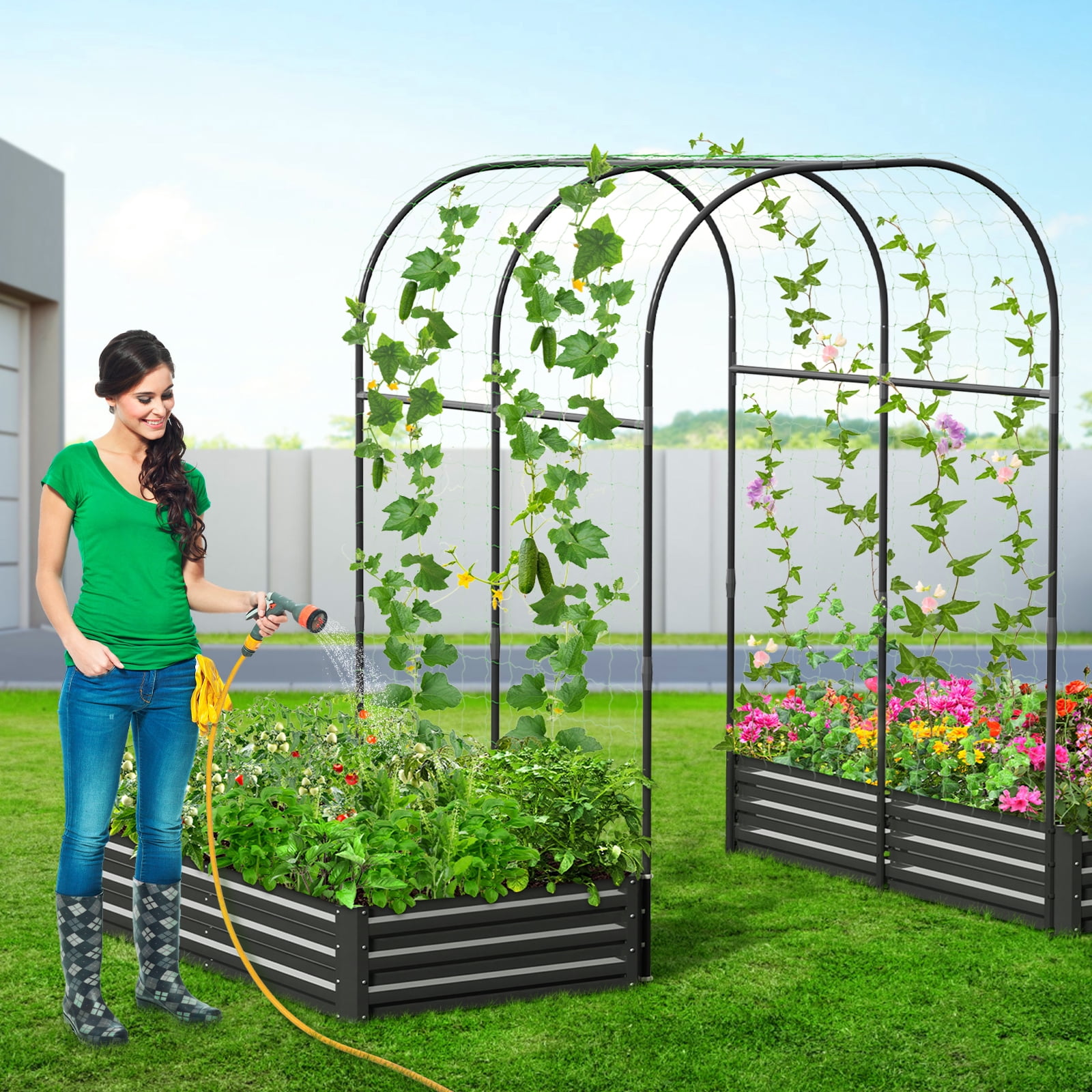 Slsy Galvanized Raised Garden Bed with 87in Tall Garden Trellis Metal Plant Support Trellis Archway for Vegetables Flowers Herbs,Black