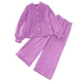 thumbnail image 2 of Kids Girls 2pc Outfits Set Long Sleeve Solid Button Down Shirts + Wide Leg Pants High Waist Loose Fit Tracksuit, 2 of 9