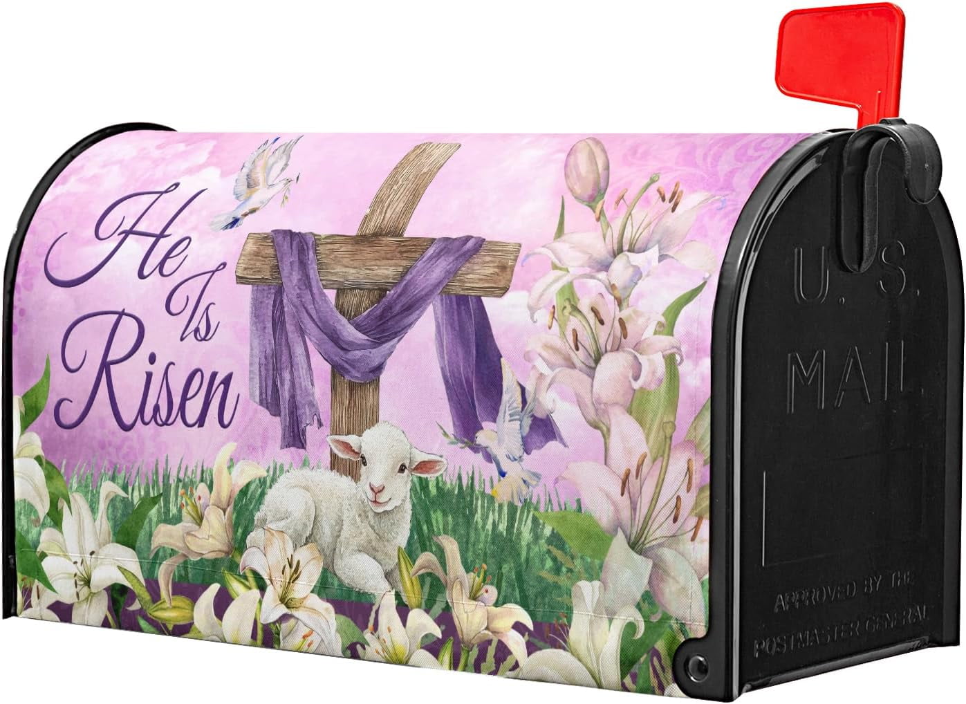 He is Risen Cross Christian Mailbox Cover Magnetic Large Size 25.5x21 Inch Spring Easter Letter Box Wrap Religious Lily Floral Sunrise Lamb Decorative Dust-Proof Letterbox Covers for Home Garden Yard