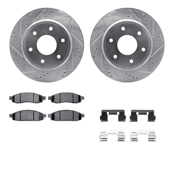 Dynamic Friction Company Front Brake Rotors-Drilled and Slotted-Silver with Ultimate Duty Performance Brake Pads includes Hardware 7412-67003
