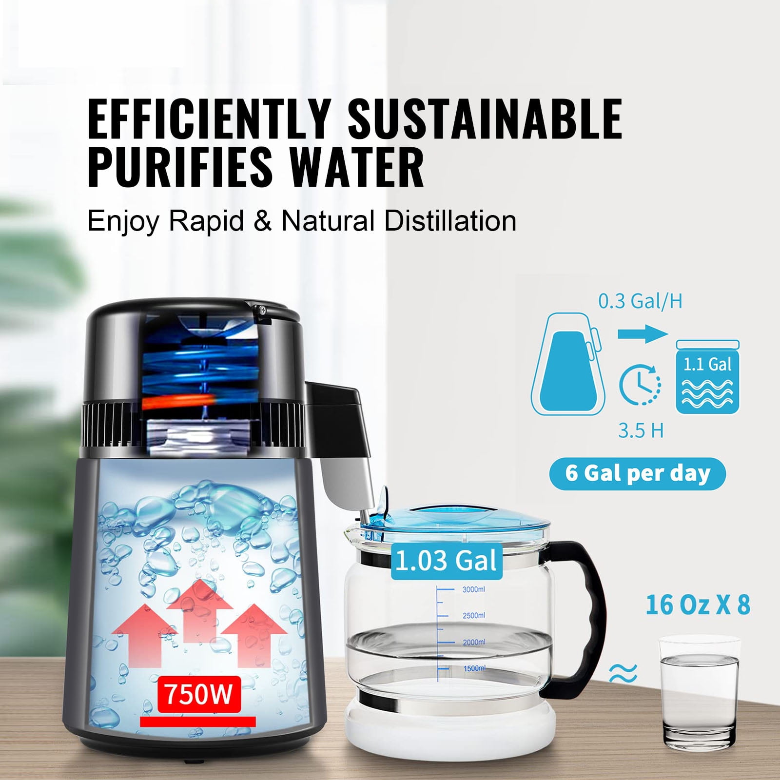 KFFKFF Water Distiller, 4L Capacity for Home Use, 750W Power, Stainless Steel Inside, Countertop Water Filtration System, Produces Pure Distilled Water, Grey