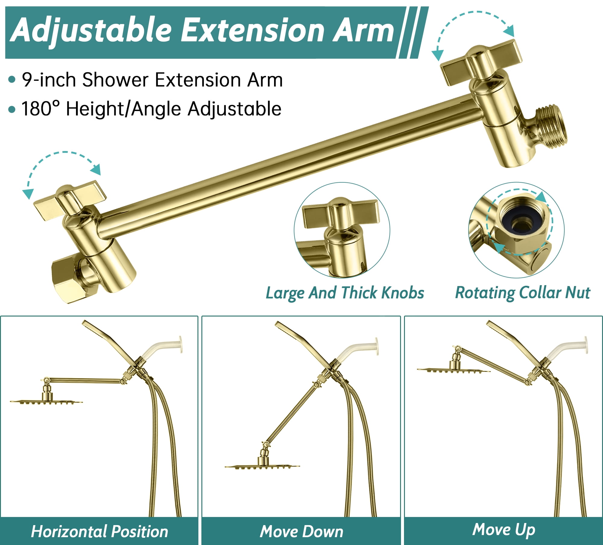 All Metal Dual Square Shower Head Combo, Rain Shower Head with Handheld Shower Wand and Extra Long Flexible Hose (Polished Brass)
