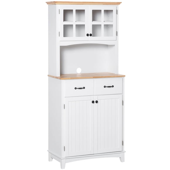 Coastal Style Kitchen Buffet and Hutch Wooden Storage Cabinet with Framed Glass Door  Drawers Microwave Space for Dining Room  Living Room  White