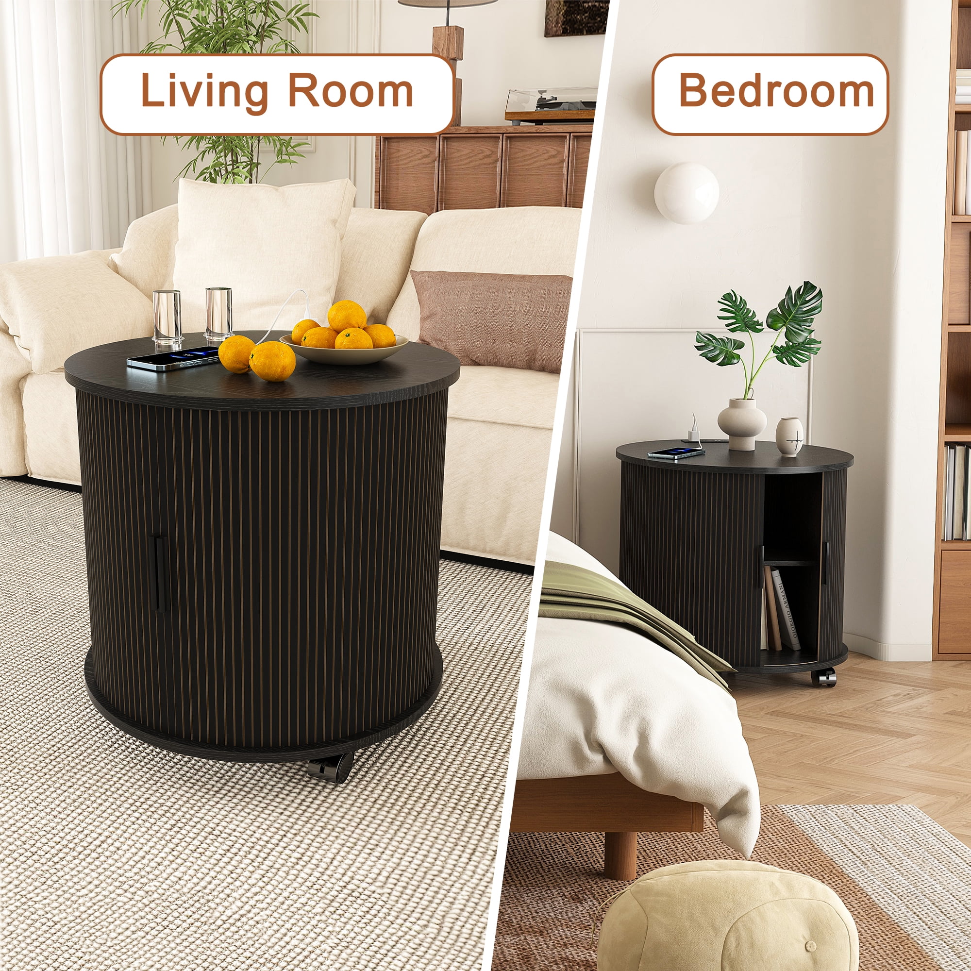 Cylinder End Table with Built-in Charging Station & Sliding Door, 2-Tier Storage Round Nightstand with USB Ports, Bedside Table for Living Room, Bedroom, Entryway