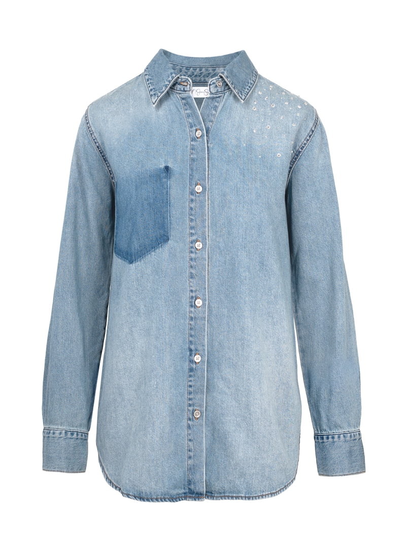 Jessica Simpson Women's Embellished Two Tone Denim Shirt with Long