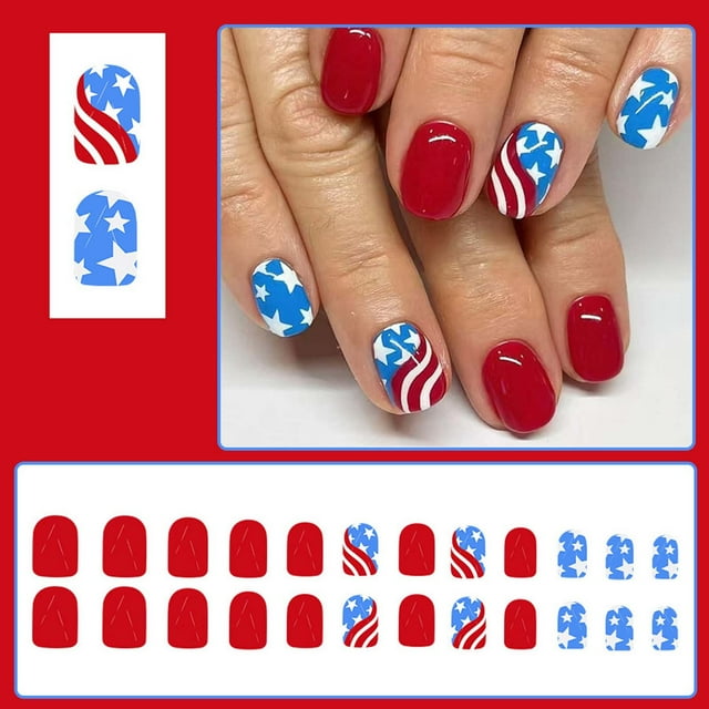 Uñas postizas, cortas, brillantes, Día de la Independencia, nuevas líneas irregulares, brillo, parche para uñas 24PSC