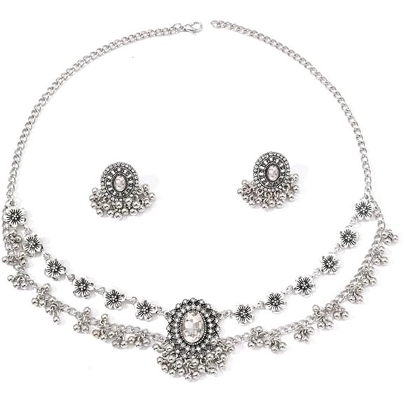Vintage Cubic Zirconia Earrings Bohemian Flower Layered Pendant Necklace Jewellery Set for Women Tassel Beaded Boho Wedding Cocktail Party Birthday Christmas Anniversary Unique Jewelry Gifts
