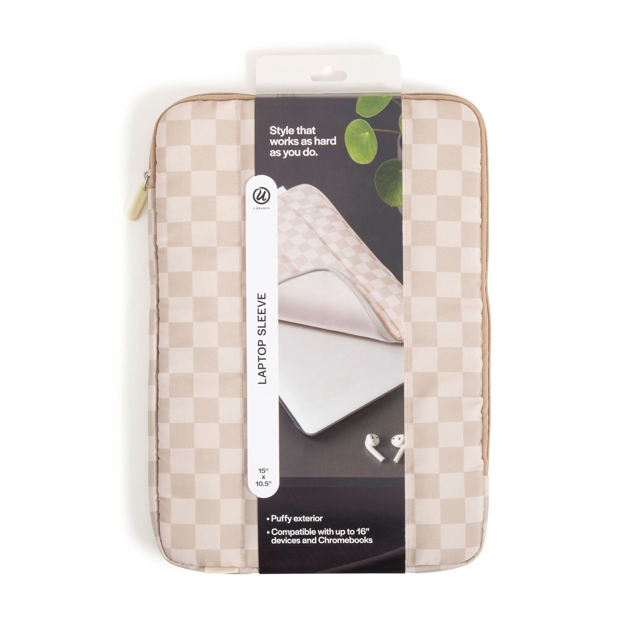 U Brands Puffer Laptop Sleeve, 15"L x 10.67"W x 1.77"D, Neutral Checkered Pattern