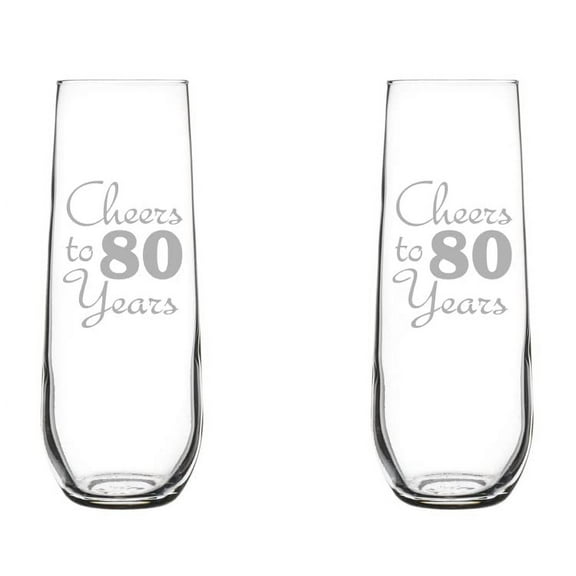 Set of 2 Glass Champagne Flutes Sparkling Wine Glasses Birthday Anniversary Cheers 80 Years (8.5 oz Stemless)