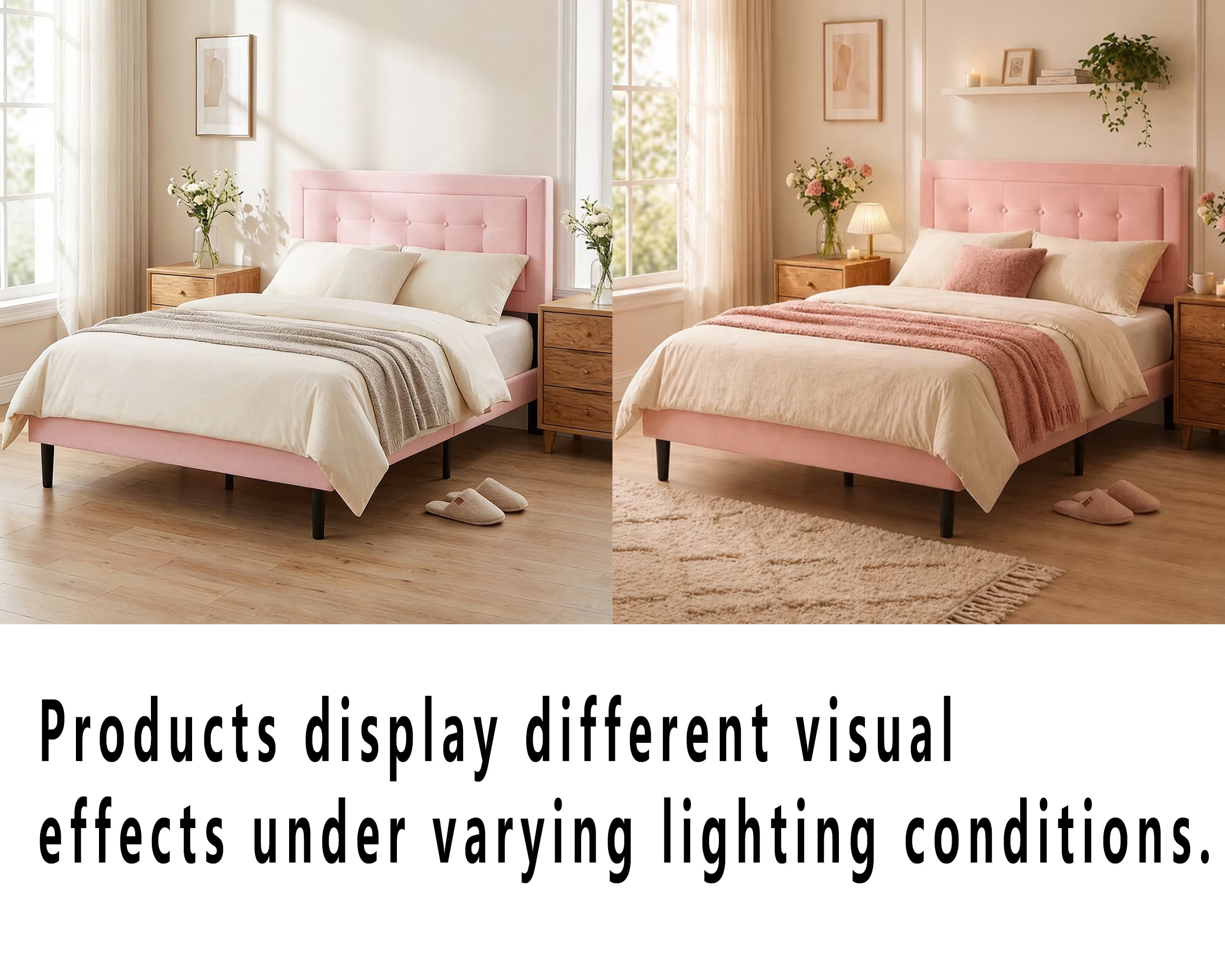 Gewnee Full Size Platform Bed Frame, Velvet Square Tufted Upholstered Headboard, Wood Slats with Center Support Leg, Easy Assembly, Bedroom Furniture, Pink