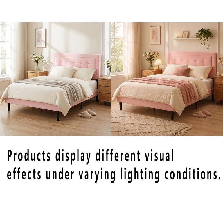 Gewnee Full Size Velvet Platform Bed with Tufted Headboard, Pink photo 5