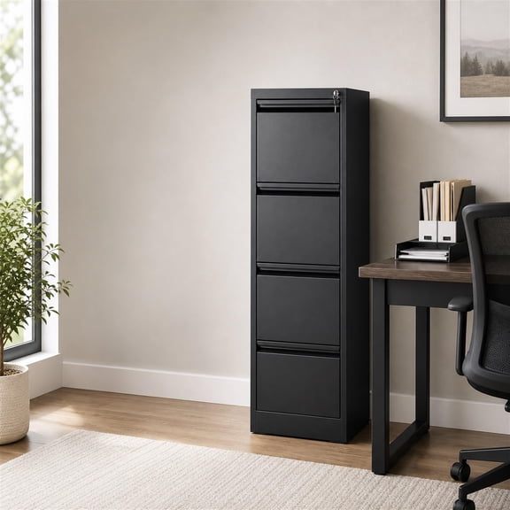 Secure 4-Drawer Metal Lateral File Cabinet with Lock – Mobile, Adjustable Hanging Folders – Home Office Storage – Letter, Legal, A4 – Easy Assembly – Black