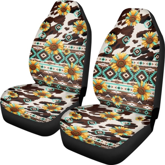 XYZCANDO Stylish 2-Piece Front Car Seat Covers with Sunflower Aztec Pattern - Breathable Durable Vehicle Interior Decor