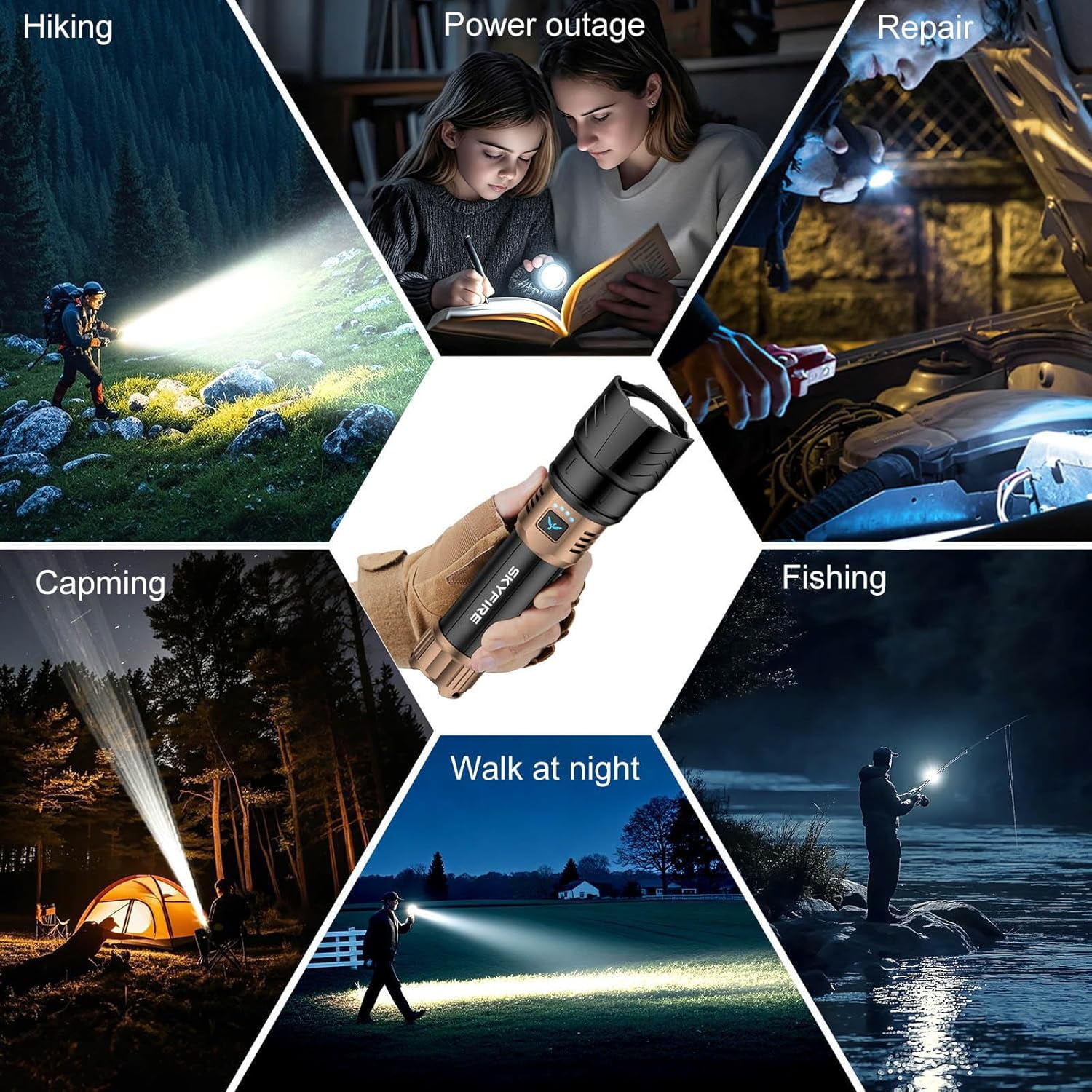 SKYFIRE Super Bright LED Rechargeable Flashlight with Zoom & 4 Modes, Camping & Home Essential