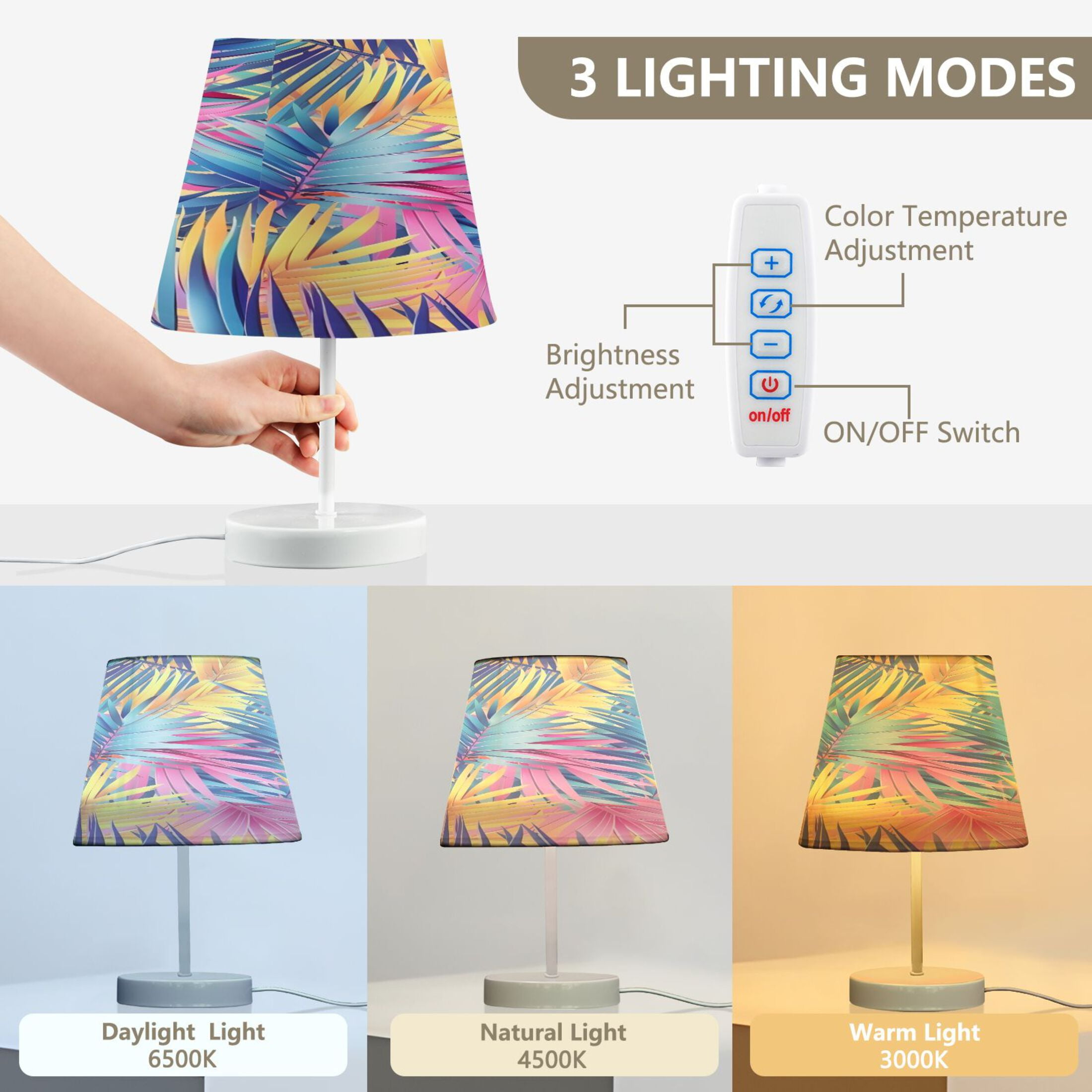 Colorful Tropical Palm Leaves Desk Lamp LED Table Nightstand Lamps with 3 Color Temperatures for Home Bedroom Living Room Decor 8x12
