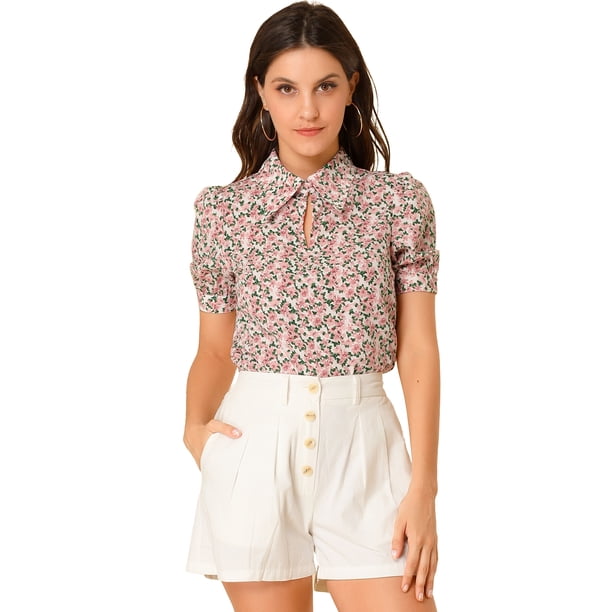 Blusa floral vintage para mujer, cuello vuelto, cuello dividido, manga corta, gasa, camisa elegante Rosa beige M
