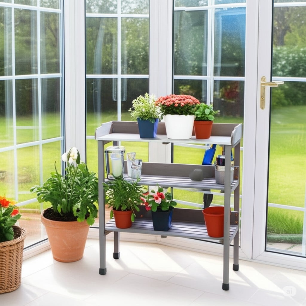 Outdoor Wooden Potting Bench Table with Metal Tabletop,3 Layers Outdoor Work Bench for Garden,Garage,Grey