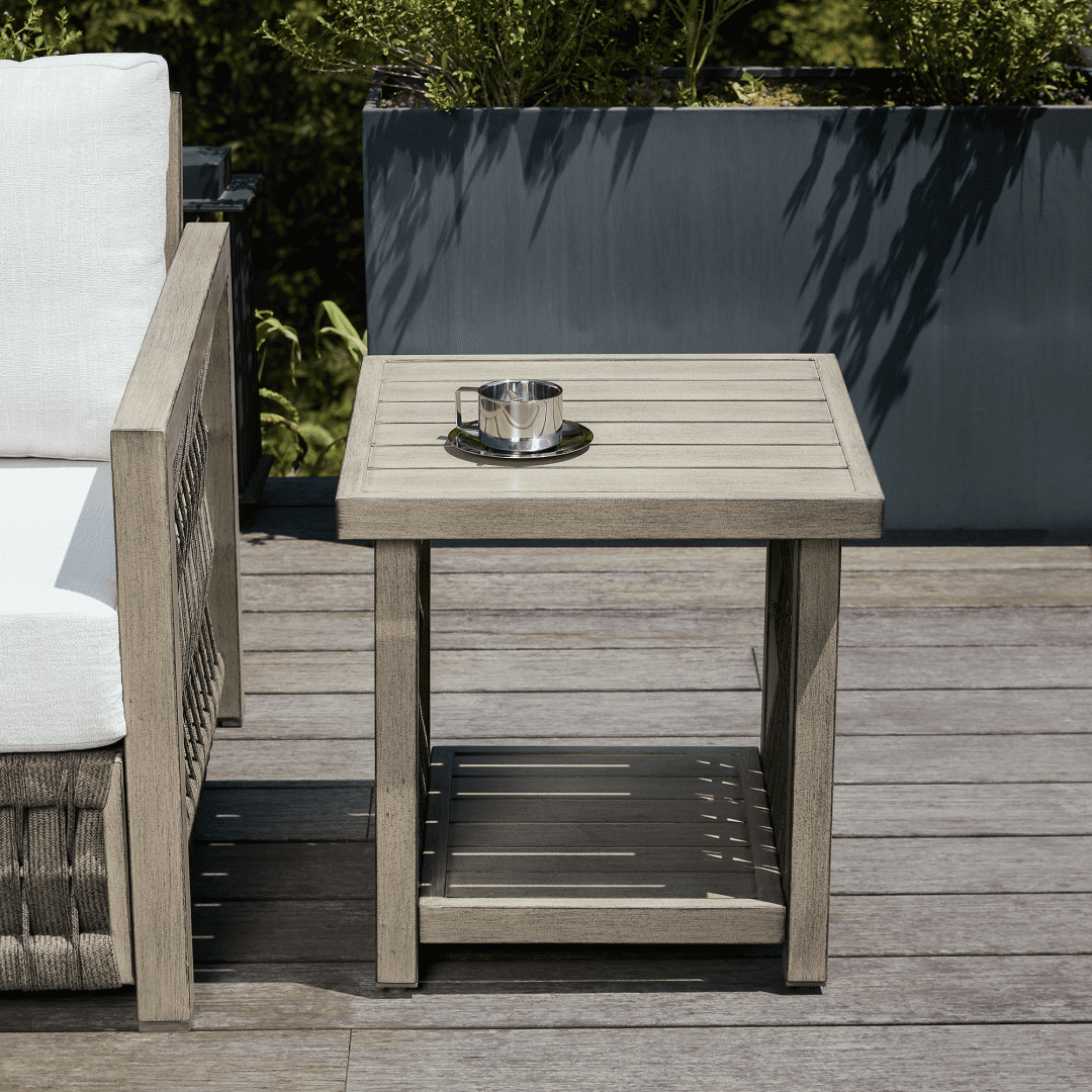 Outdoor Patio Side Table with Aluminum Frame, 2-Tier Rope Weave Design & Adjustable Legs