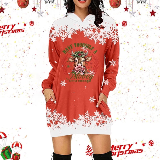 WILLBEST Vestido Casual Para Mujer Vestido Con Capucha Con Estampado Navideño De Vaca Para Mujer