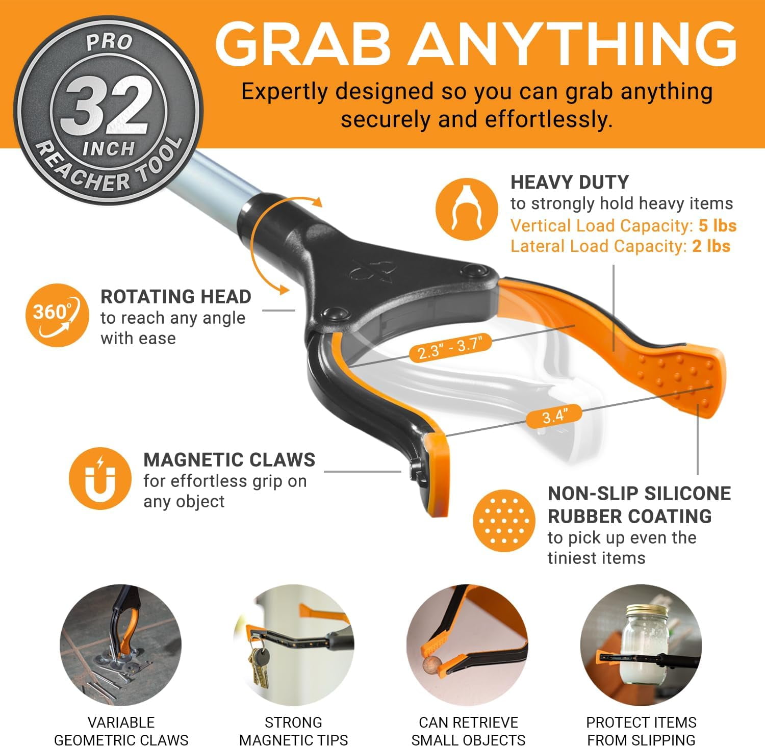 EZPIK 32" Grabber Reacher Tool for Seniors, Folding Magnetic Pickup Stick with Rotating Claw, Pro Silver