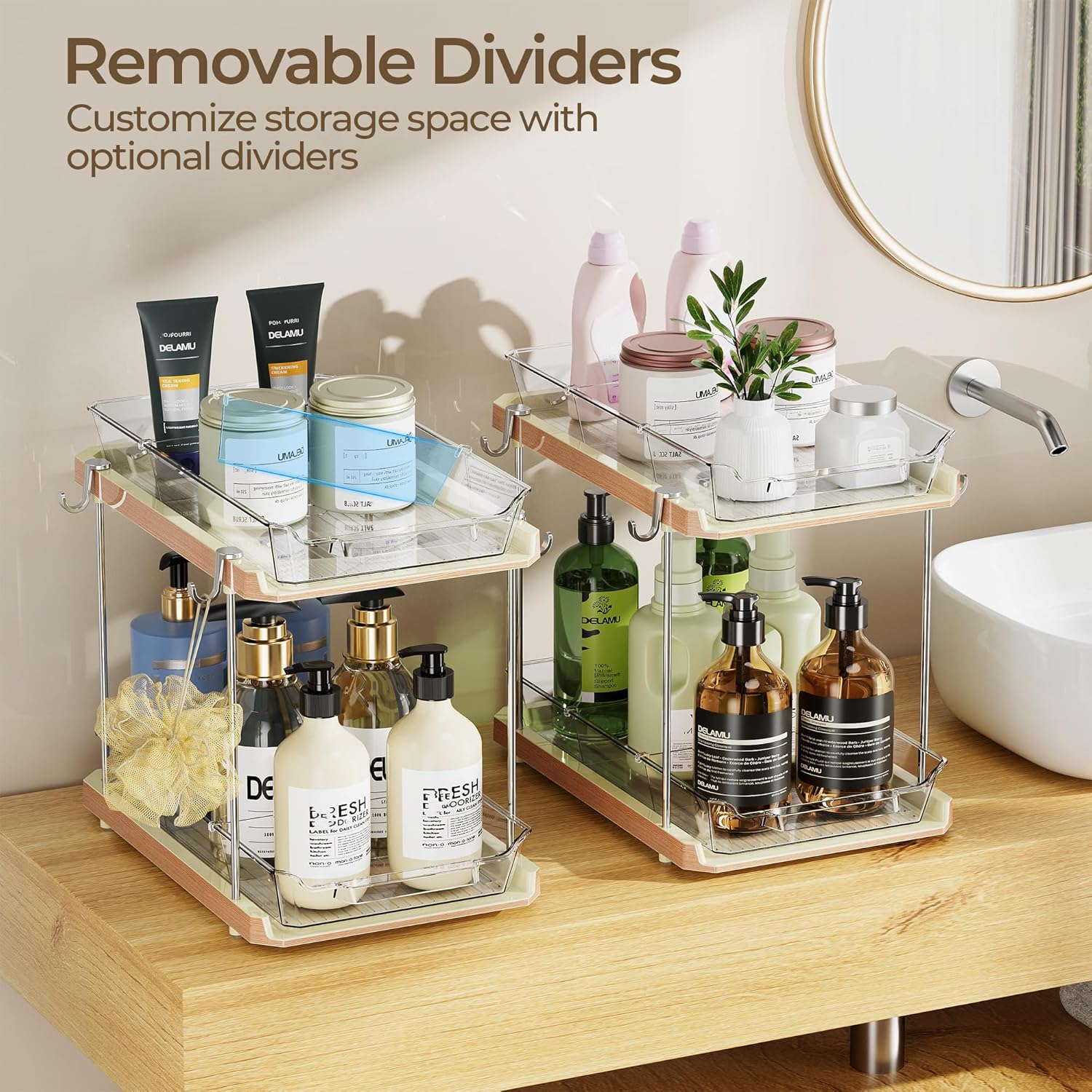 2 Tier Bathroom Under Sink Organizers and Storage with Hook, Multi-Purpose Cabinet Drawers with Movable Dividers, Pull Out Organization for Countertop, Kitchen and Pantry(Wood Grain, 4 Pack)