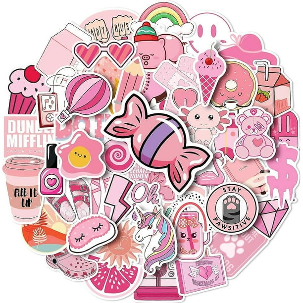 50PCS Girl's Pink Aesthetic Stickers, Cute Pink Stickers for Children, Vinyl Waterproof Stickers, Water Bottle Skateboard, Gifts for Teenagers