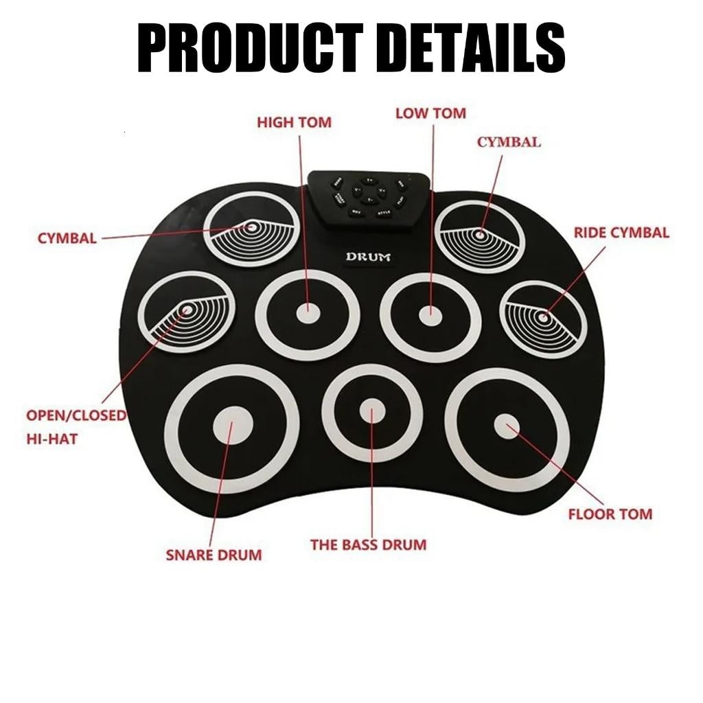 hejhncii Electronic Drum Set 9 Pads Rolls up Practice Drum Built-in Speaker Headphone Set