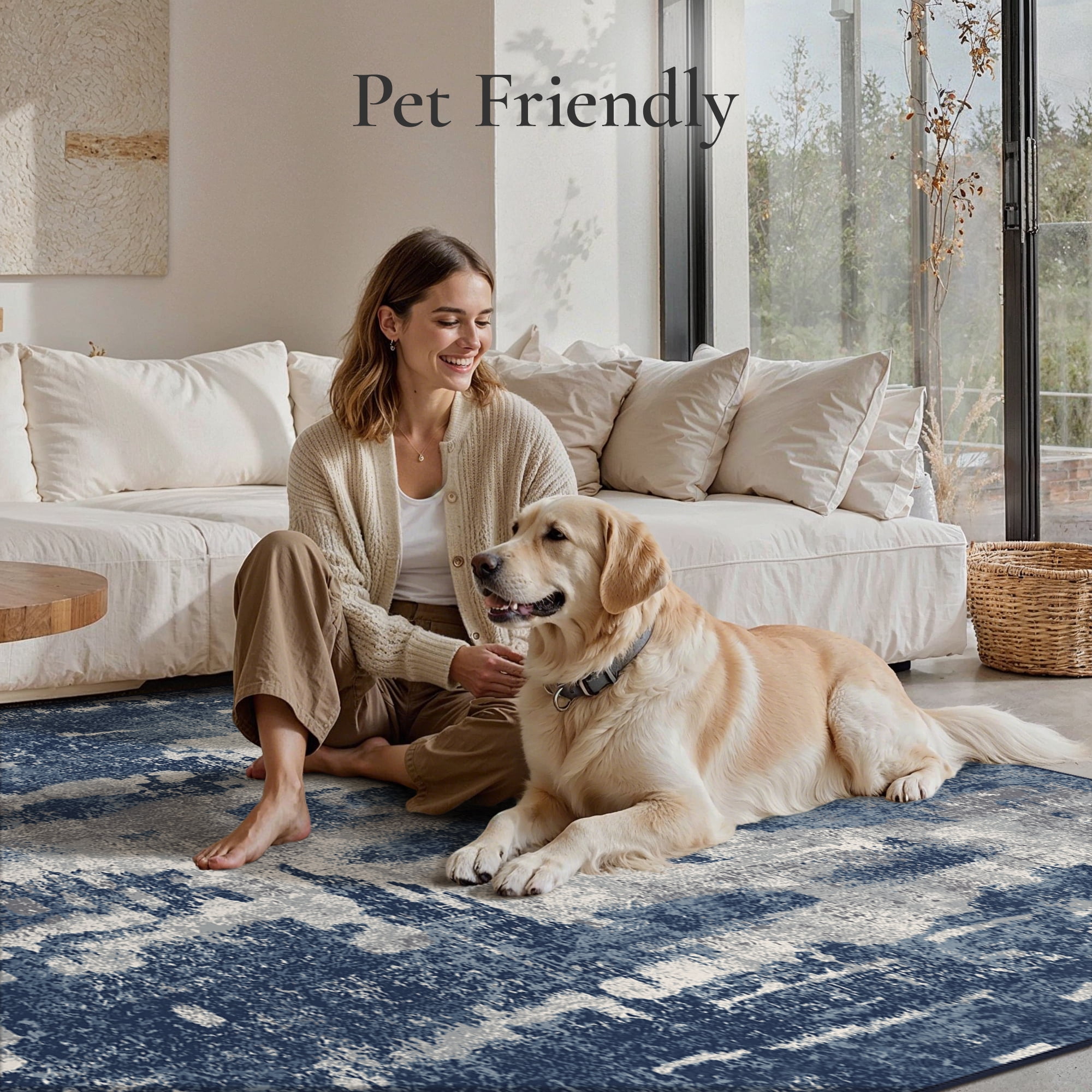 KUETH Area Rugs for Living Room 5x7 Large Modern Machine Washable Vintage Rugs Distressed Abstract Print Blue Throw Rug for Bedroom Aesthetic, Non Slip Carpet with Gripper