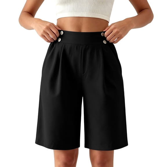 Hurxie Bermuda Shorts for Women Summer Dressy Casual Elastic High Waisted Wide Leg Knee Length Shorts with Pockets Black,S