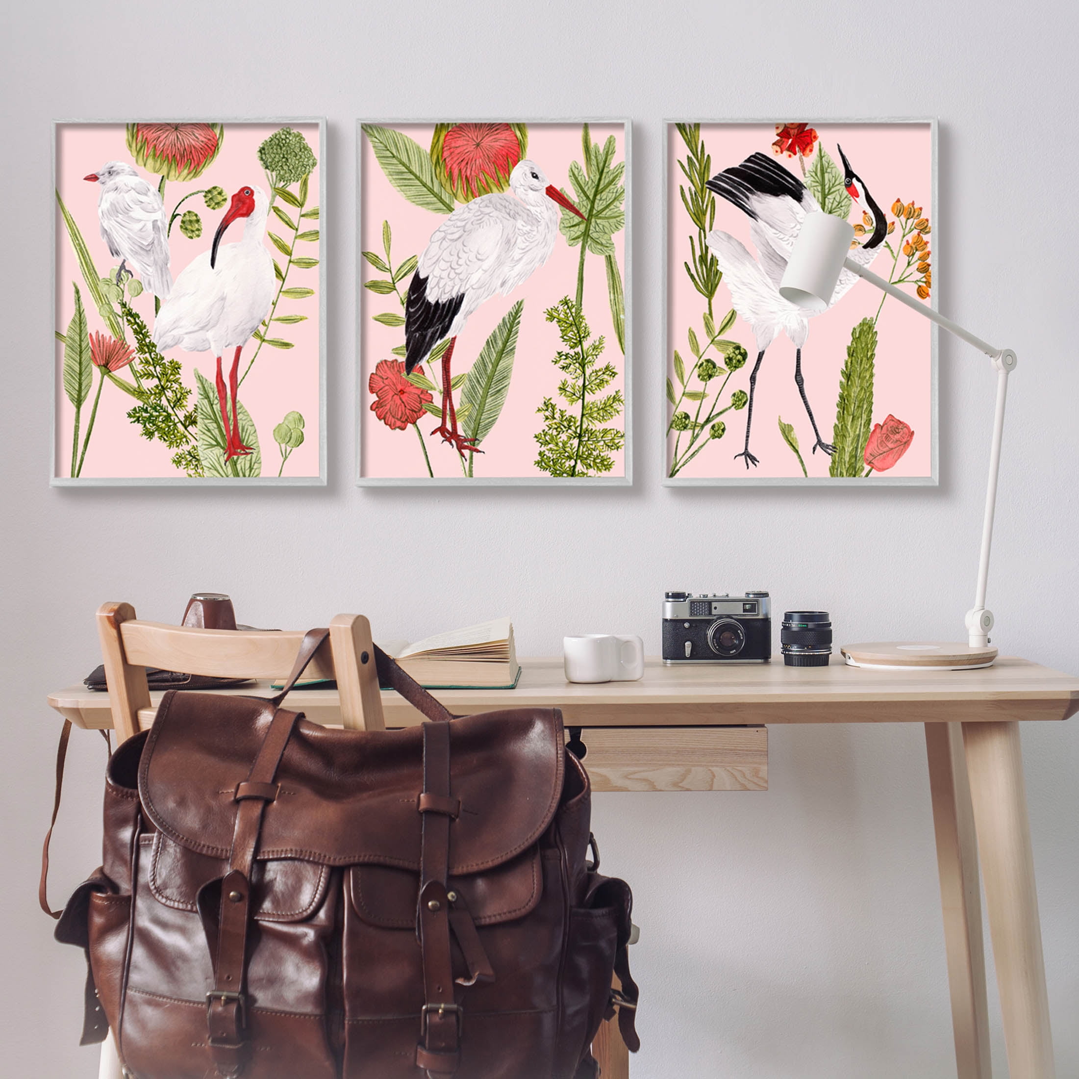 Stupell Industries Crane Bird Pink Botanicals Graphic Art Gray Framed Art Print Wall Art, Set of 3, Design by Melissa Wang