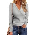 thumbnail image 3 of Woman V Neck Tunic Tops Long Sleeve Button Front Casual Slim Fit Ribbed Blouse for Work Party Outdoor, 3 of 6