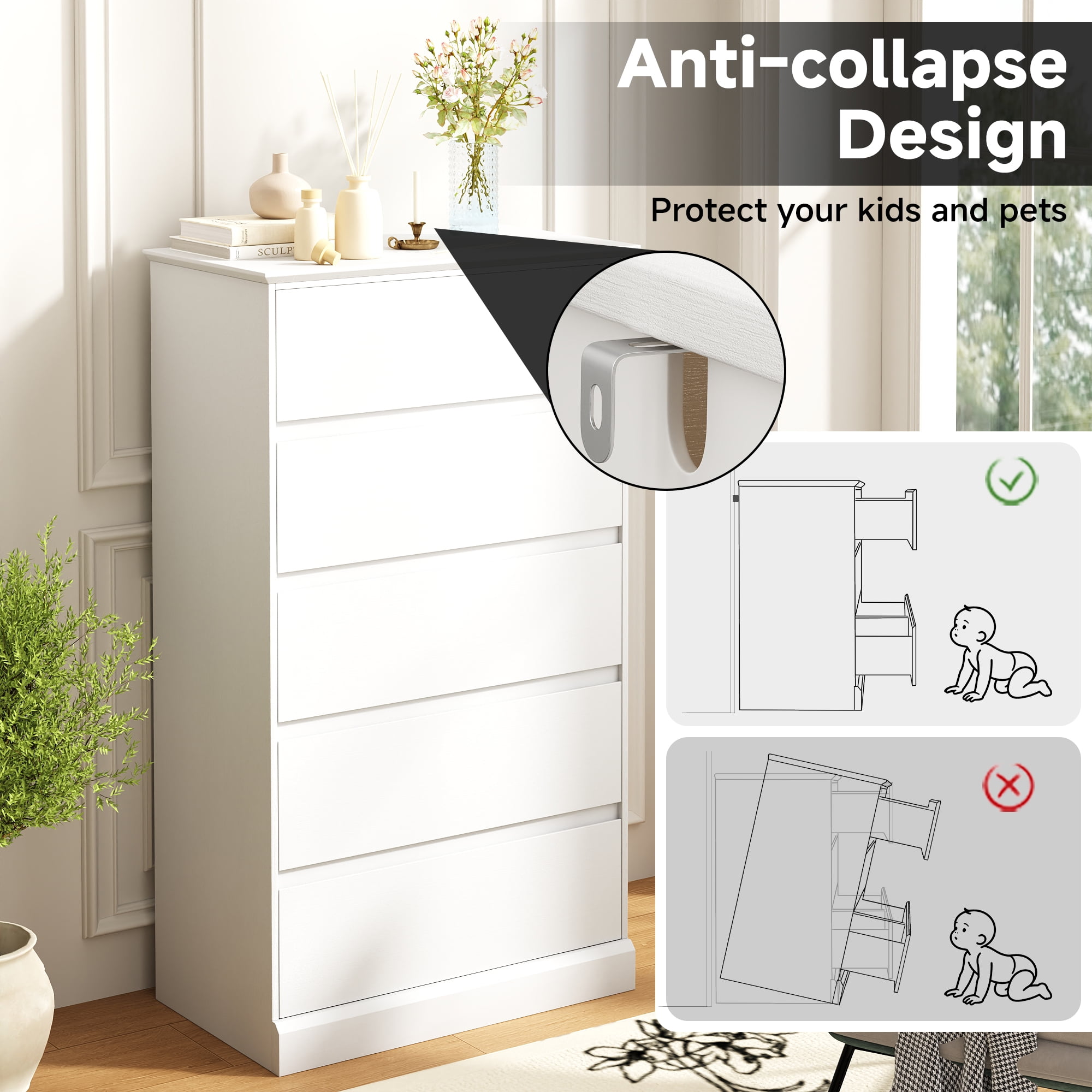 5 Drawer Dresser for Bedroom, 15.8" D x 27.6" W x 48.4" H in Simply Modern Chest of Drawers, Wood Storage Dresser with Deep Drawers for Living Room Hallway Entryway, White