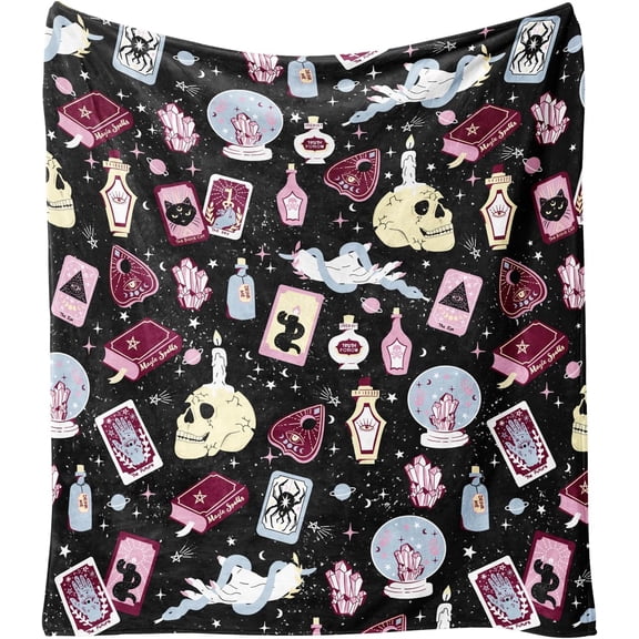 Gothic Pink Halloween Throw Blanket with Magic Crystals, Tarot Cards, Potions & Skulls Design - Cozy Fleece Flannel Blanket for Women, Perfect Spooky Gift for Home, Couch, Bed, or Dorm Decor, 60"x50"