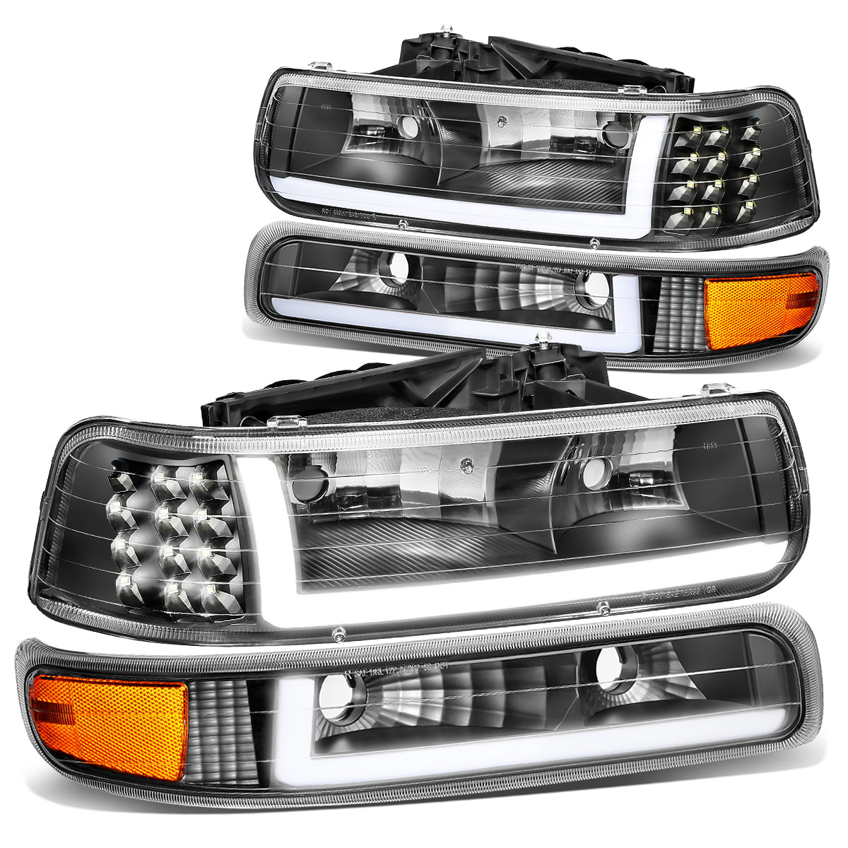 Grille Fit 99-02 Chevy Silverado 1500 2500 Black Housing DRL LED Head Lights